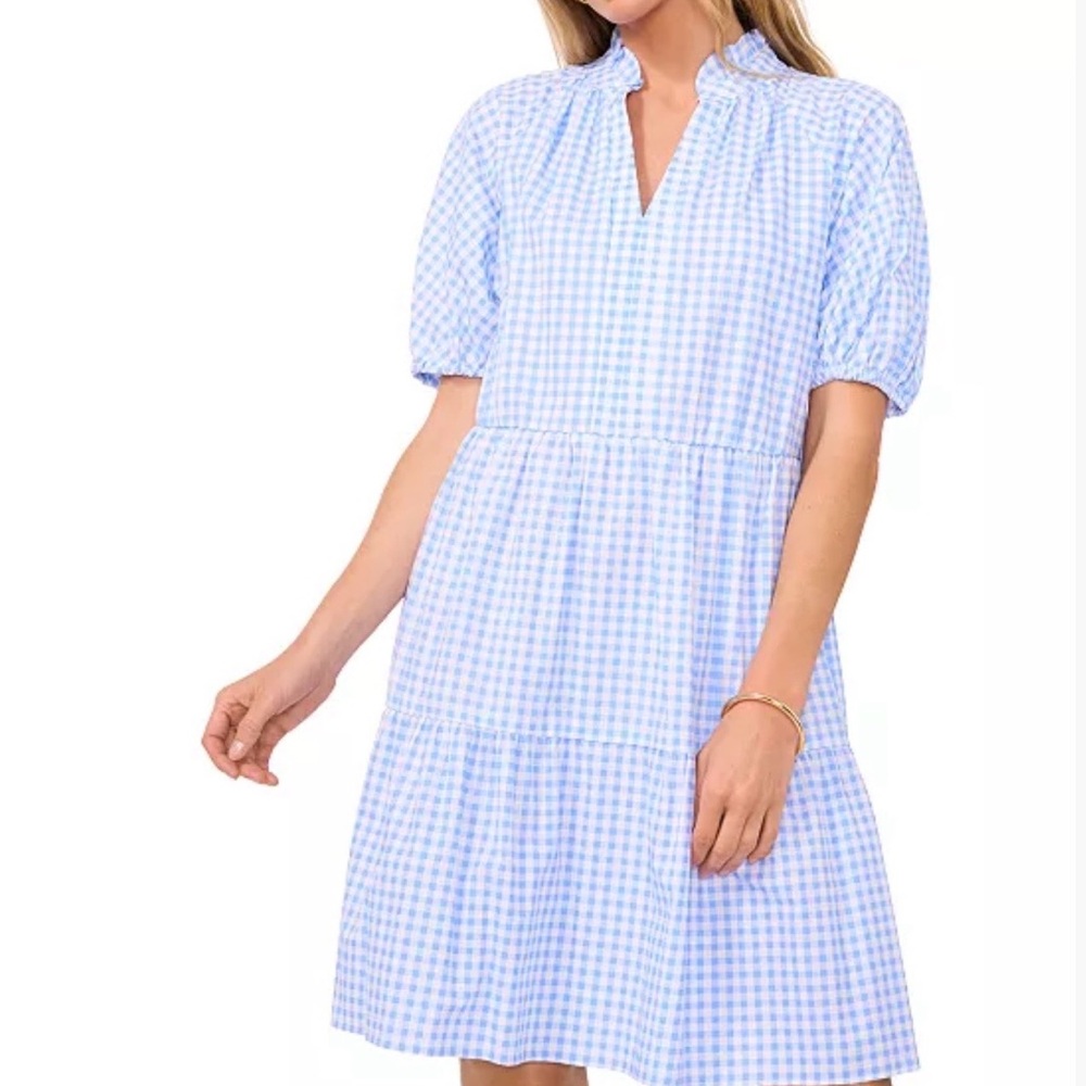 CeCe Flirty Light Blue Gingham Tiered Short Sleeve L Dress